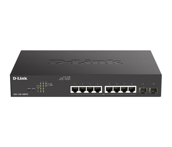 D-Link DGS-1100-10MPV2 10portový gigabitový inteligentný riadený prepínač PoE+, 8x gigabit PoE, 2x SFP, rozpočet PoE 130 W
