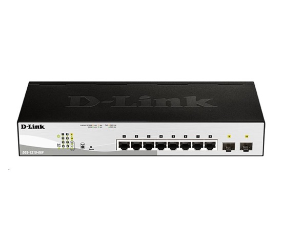 D-Link DGS-1210-08P 10-portový gigabitový inteligentný PoE switch, 8x GbE PoE+, 2x SFP, PoE 65W, bez ventilátora