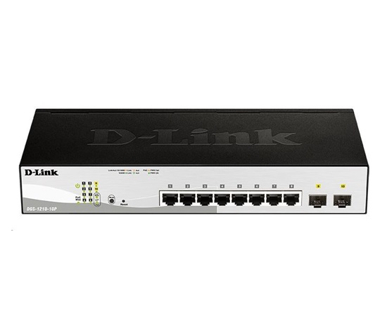 D-Link DGS-1210-10P 10-portový gigabitový Smart+ PoE switch, 8x GbE PoE+, 2x SFP, PoE 65W, bez ventilátora