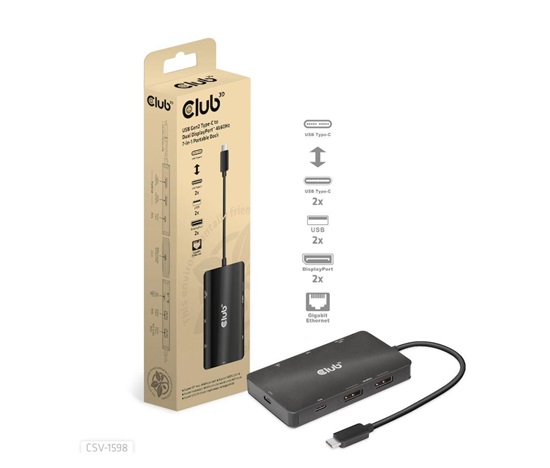 Club3D Dokovací stanice USB-C 7v1, 2xDP, 2xUSB-C, 2xUSB, 1xRJ45, černá