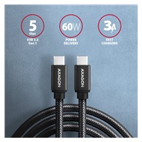 AXAGON BUCM3-CM30AB, SPEED kábel USB-C <-> USB-C, 3 m, USB 3.2 Gen 1, PD 60W 3A, ALU, opletenie, čierny