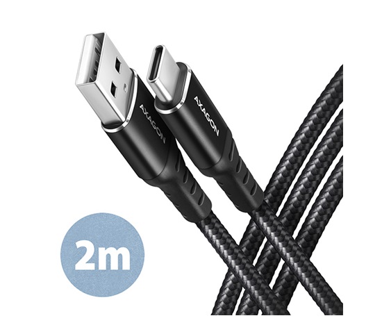 AXAGON BUCM-AM20AB, HQ kábel USB-C <-> USB-A, 2 m, USB 2.0, 3A, ALU, opletenie, čierny
