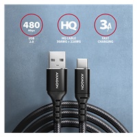 AXAGON BUCM-AM20AB, HQ kábel USB-C <-> USB-A, 2 m, USB 2.0, 3A, ALU, opletenie, čierny