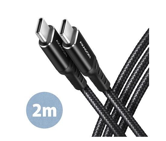 AXAGON BUCM-CM20AB, HQ kábel USB-C <-> USB-C, 2 m, USB 2.0, PD 60W 3A, ALU, opletenie, čierny