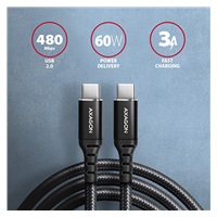 AXAGON BUCM-CM20AB, HQ kábel USB-C <-> USB-C, 2 m, USB 2.0, PD 60W 3A, ALU, opletenie, čierny