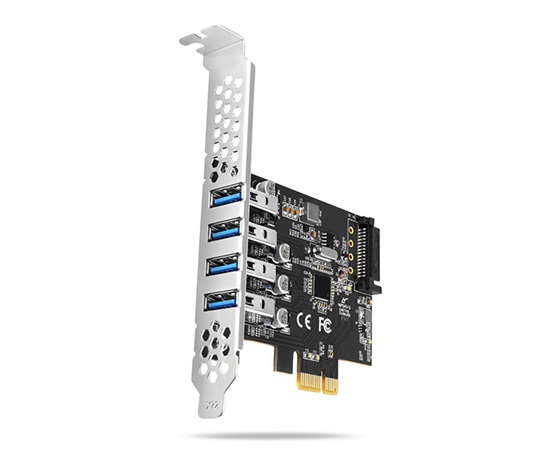 AXAGON PCEU-43RS, PCIe radič, 4x USB 3.2 Gen 1 port, 5 Gbps, napájanie z PCIe alebo SATA, SP & LP