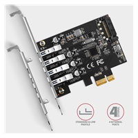 AXAGON PCEU-43RS, PCIe radič, 4x USB 3.2 Gen 1 port, 5 Gbps, napájanie z PCIe alebo SATA, SP & LP