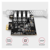 AXAGON PCEU-43RS, PCIe radič, 4x USB 3.2 Gen 1 port, 5 Gbps, napájanie z PCIe alebo SATA, SP & LP
