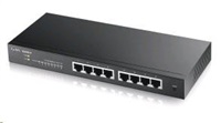 Zyxel GS1900-8 8-portový stolový gigabitový webový inteligentný prepínač: 8x Gigabit metal, IPv6, 802.3az (zelená), bez ventilátora
