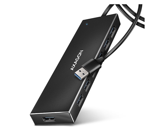 AXAGON HUE-F7A, 7x USB 3.2 Gen 1 ALU FLAT CHARGING hub, micro USB napájací konektor, kábel USB-A 1m