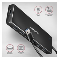 AXAGON HUE-F7A, 7x USB 3.2 Gen 1 ALU FLAT CHARGING hub, micro USB napájací konektor, kábel USB-A 1m