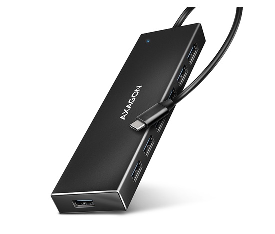 AXAGON HUE-F7C, 7x USB 3.2 Gen 1 ALU FLAT CHARGING hub, micro USB napájecí konektor, kabel USB-C 30cm