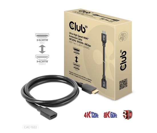 Club3D prodlužovací Ultra rychlý HDMI kabel, 4K120Hz, 8K60Hz, 48Gbps, M/F, 1m, 30 AWG