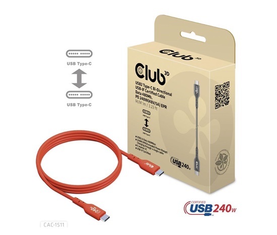 Club3D kabel USB-C, Oboustranný USB-IF Certifikovaný data kabel, PD 240W(48V/5A) EPR M/M 1m