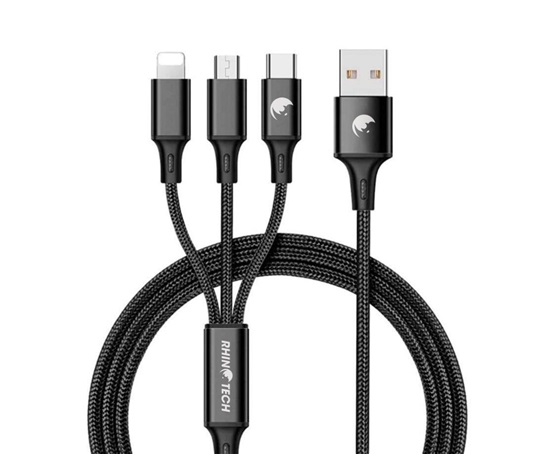 RhinoTech nabíjecí a datový kabel 3v1 USB-A (MicroUSB + Lightning + USB-C) 1,2m černá