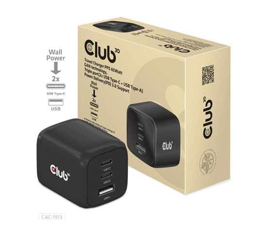 Club3D cestovní nabíječka 65W GAN technologie, 3 porty (2xUSB-C + USB-A), PPS, Power Delivery(PD) 3.0 Support