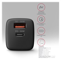 AXAGON ACU-PQ30, Sil nabíjačka do siete 30W, 2x port (USB-A + USB-C), PD3.0/PPS/QC4+/SFC/AFC/Apple, čierna