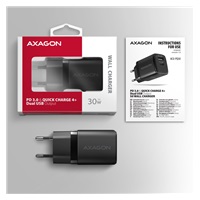 AXAGON ACU-PQ30, Sil nabíjačka do siete 30W, 2x port (USB-A + USB-C), PD3.0/PPS/QC4+/SFC/AFC/Apple, čierna