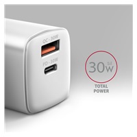 AXAGON ACU-PQ30W, Sil nabíjačka do siete 30W, 2x port (USB-A + USB-C), PD3.0/PPS/QC4+/SFC/AFC/Apple, biela