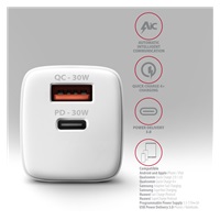 AXAGON ACU-PQ30W, Sil nabíjačka do siete 30W, 2x port (USB-A + USB-C), PD3.0/PPS/QC4+/SFC/AFC/Apple, biela