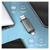 AXAGON CRE-DAC, USB-C + USB-A, 5 Gb/s - MINI čítačka kariet, 2 sloty & lun SD/microSD, podpora UHS-I