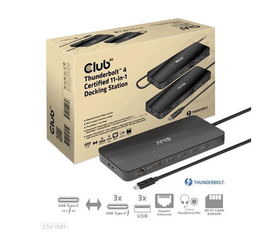 Club3D Dokovací stanice Thunderbolt 4 certifikovaný 11v1, 3xUSB-C, 3xUSB-A, PD