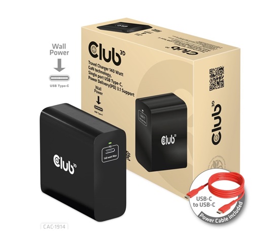 Club3D cestovní nabíječka USB-C 140W GaN Technologie, 1xUSB-C, podpora PD 3.1