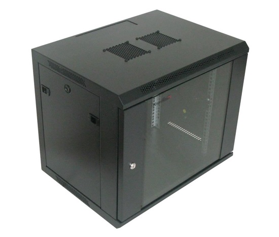 XtendLan 19" nástěnný rozvaděč 9U 600x450, nosnost 60 kg, skleněné kouřové dveře, rozložený, černý