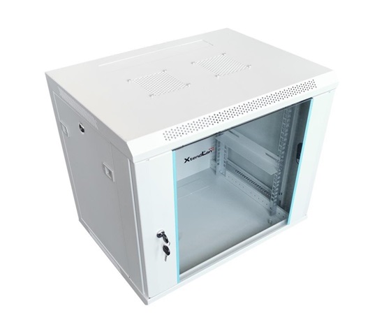 XtendLan 19" nástěnný rozvaděč 12U 600x450, nosnost 60 kg, skleněné dveře, svařovaný, šedý
