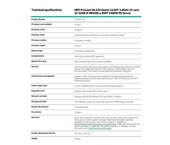 HPE PL DL320g11 4410Y (2.0/12C/4800) 16G MR408i-o 8SFF BC U3 1000Wti 2x1Gb 1U EIR