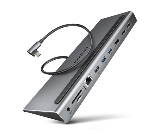 AXAGON HMC-4KX3 USB 5Gbps hub, 3x USB-A, 2x HDMI, DP, RJ-45 GLAN, SD/microSD, audio, PD 100W, kábel USB-C 40cm