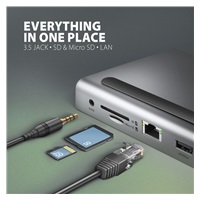 AXAGON HMC-4KX3 USB 5Gbps hub, 3x USB-A, 2x HDMI, DP, RJ-45 GLAN, SD/microSD, audio, PD 100W, kábel USB-C 40cm