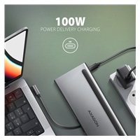 AXAGON HMC-4KX3 USB 5Gbps hub, 3x USB-A, 2x HDMI, DP, RJ-45 GLAN, SD/microSD, audio, PD 100W, kábel USB-C 40cm