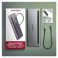AXAGON HMC-4KX3 USB 5Gbps hub, 3x USB-A, 2x HDMI, DP, RJ-45 GLAN, SD/microSD, audio, PD 100W, kábel USB-C 40cm