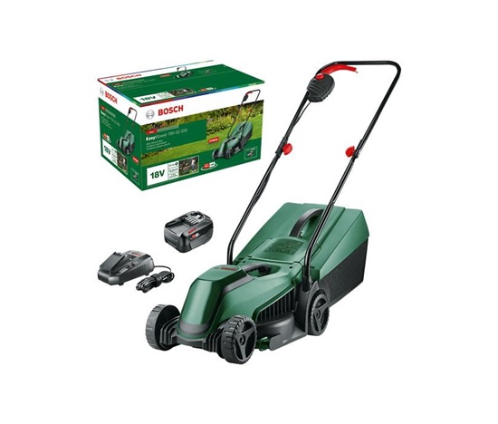 BOSCH EasyMower 18V-32-200, akumulátorová sekačka na trávu, 18 V, šířka střihu 32 cm, výška střihu 20–60 mm, aku 4.0 Ah