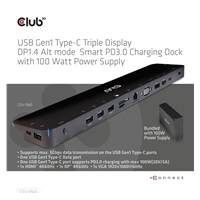 Club3D Dokovací stanice USB-C, Triple Display DP 1.4 Alt mode Smart PD3.0 Charging Dock with 100 Watt PS