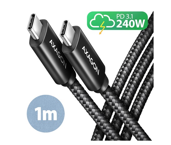 AXAGON BUCM2-CM10AB, CHARGE kábel USB-C <-> USB-C, 1m, Hi-Speed USB, PD 240W 5A, ALU, oplet, čierny