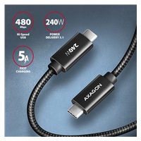 AXAGON BUCM2-CM25AB, CHARGE kábel USB-C <-> USB-C, 2.5m, Hi-Speed USB, PD 240W 5A, ALU, oplet, čierny