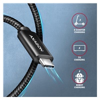 AXAGON BUCM2-CM30AB, CHARGE kábel USB-C <-> USB-C, 3m, Hi-Speed USB, PD 240W 5A, ALU, oplet, čierny