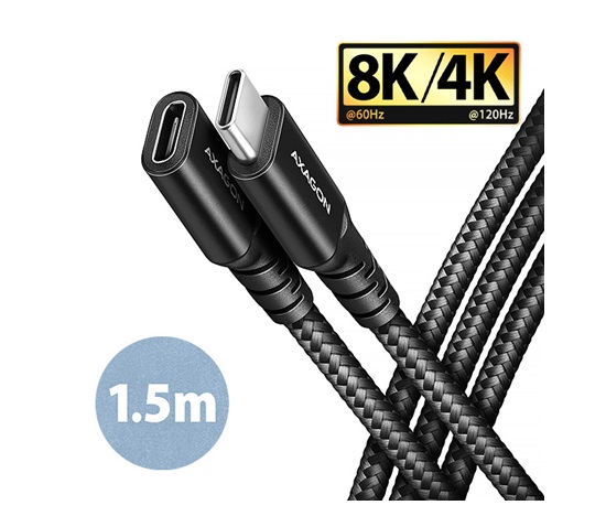AXAGON BUCM32-CF15AB predlžovací kábel USB-C (M) <-> USB-C (F), 1.5m, USB 20Gbps, PD 240W 5A, 8K HD, ALU, oplet, čierny