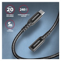 AXAGON BUCM32-CF15AB predlžovací kábel USB-C (M) <-> USB-C (F), 1.5m, USB 20Gbps, PD 240W 5A, 8K HD, ALU, oplet, čierny