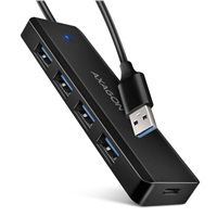 AXAGON HUE-C1A, 4x USB 5Gbps TRAVEL hub, USB-C napájací konektor, kábel USB-A 19cm