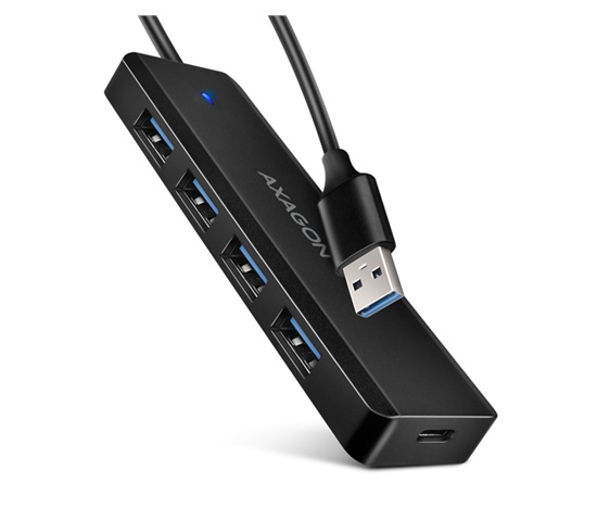 AXAGON HUE-C1A, 4x USB 5Gbps TRAVEL hub, USB-C napájací konektor, kábel USB-A 19cm