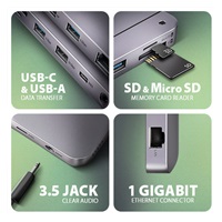 AXAGON HMC-12GM2, USB 10Gbps hub, 3x USB-A, USB-C,  HDMI, DP, RJ-45 GLAN, M.2, SD/mSD, audio, PD 100W, kábel USB-C 50cm
