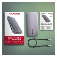 AXAGON HMC-12GM2, USB 10Gbps hub, 3x USB-A, USB-C,  HDMI, DP, RJ-45 GLAN, M.2, SD/mSD, audio, PD 100W, kábel USB-C 50cm