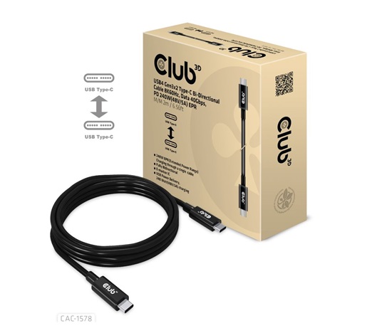 Club3D Kabel USB4 Gen3x2 Type-C Oboustranný kabel 8K60Hz, Data 40 Gbps, PD 240W(48V/5A) EPR M/M 2m