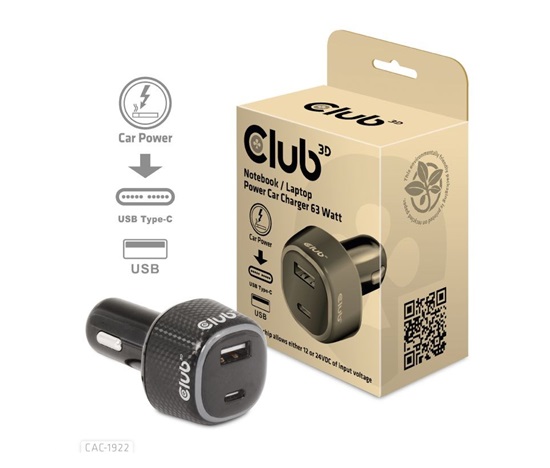 Club3D Auto nabíječka pro Notebooky 63W, 2 porty (USB-A + USB-C)