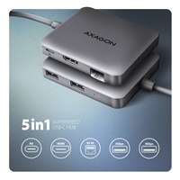 AXAGON HMC-5HL USB 5Gbps hub, 2x USB-A, HDMI 4k/60Hz, RJ-45 GLAN, PD 100W, kábel USB-C 20cm