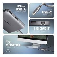 AXAGON HMC-5HL USB 5Gbps hub, 2x USB-A, HDMI 4k/60Hz, RJ-45 GLAN, PD 100W, kábel USB-C 20cm