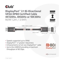 Club3D Kabel DisplayPort 2.1 na DisplayPort 2.1 VESA DP80, 4K240Hz/8K60Hz/10K30Hz HDR (M/M), 1.2m, černá